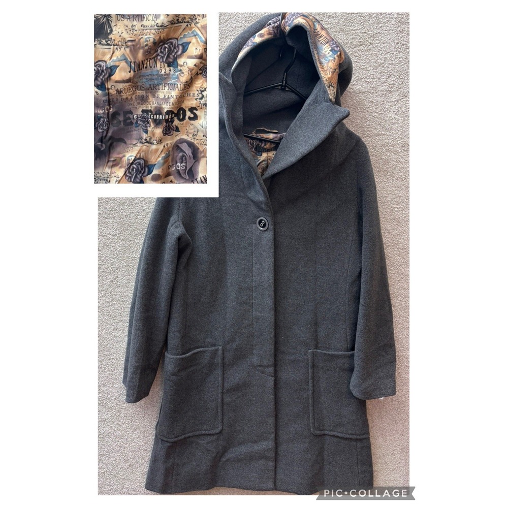 Ariella Wool Blend Hooded Coat Womens Small Gray Graphic Lining J2610 NEW